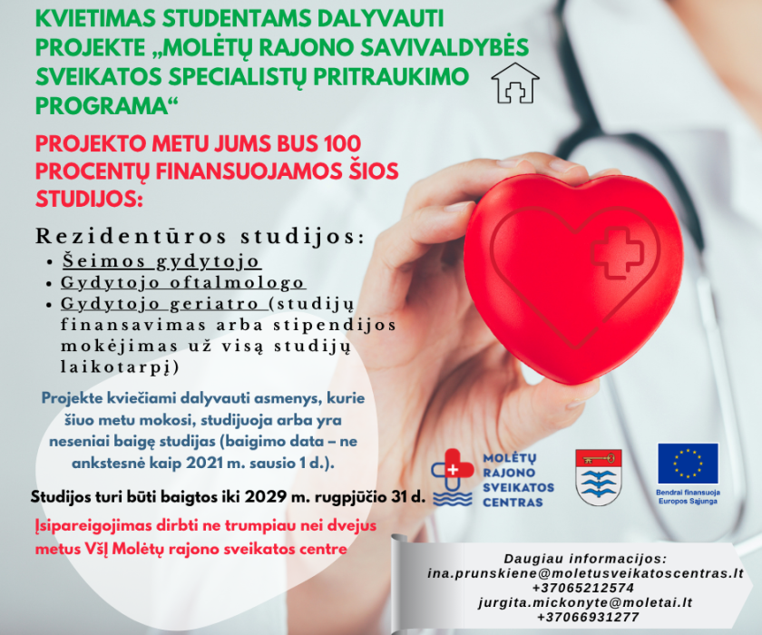 Medicinos studentams ir rezidentams – visiškai finansuojamos studijos Molėtų rajone