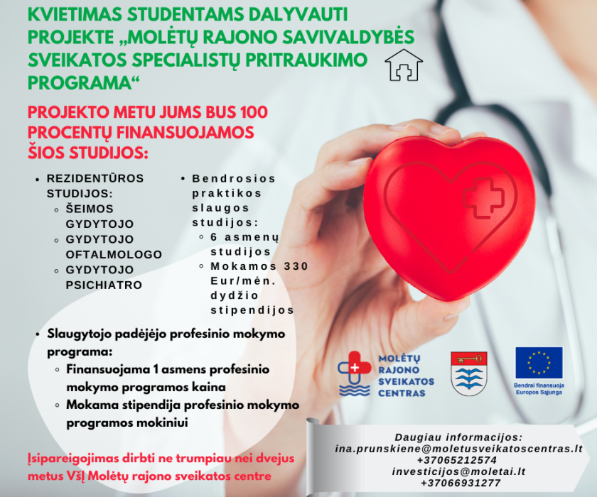 Kvietimas studentams dalyvauti projekte „Molėtų rajono savivaldybės sveikatos specialistų pritraukimo programa“